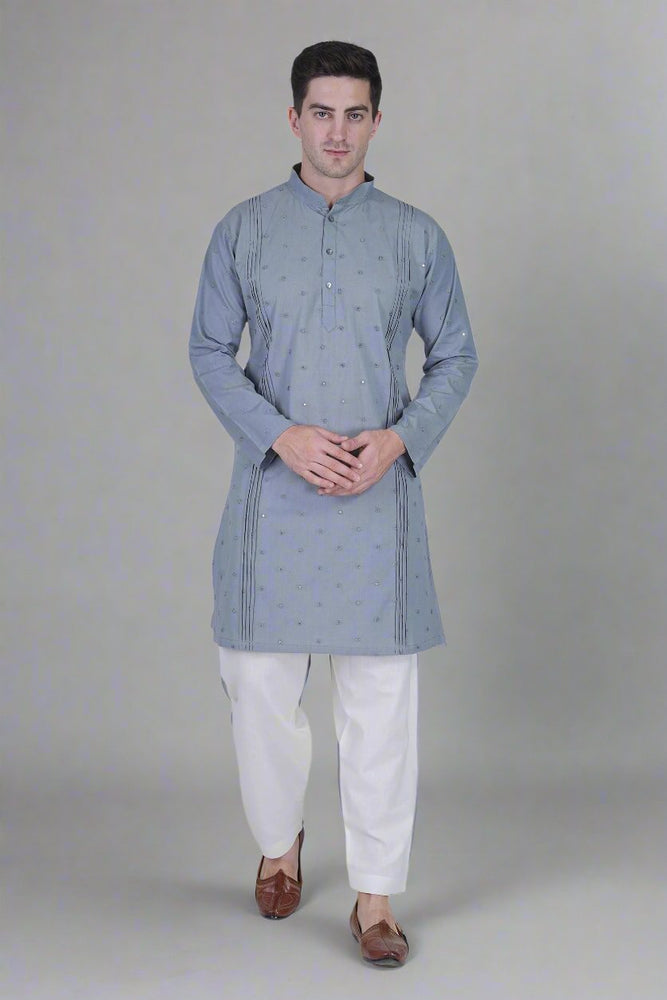 
                      
                        Load and play video in Gallery viewer, Men’s Cotton Linen Blend Kurta with Floral Embroidery and Sequins &amp;amp;  White Cotton Linen blend Men&amp;#39;s salwar Pajama
                      
                    