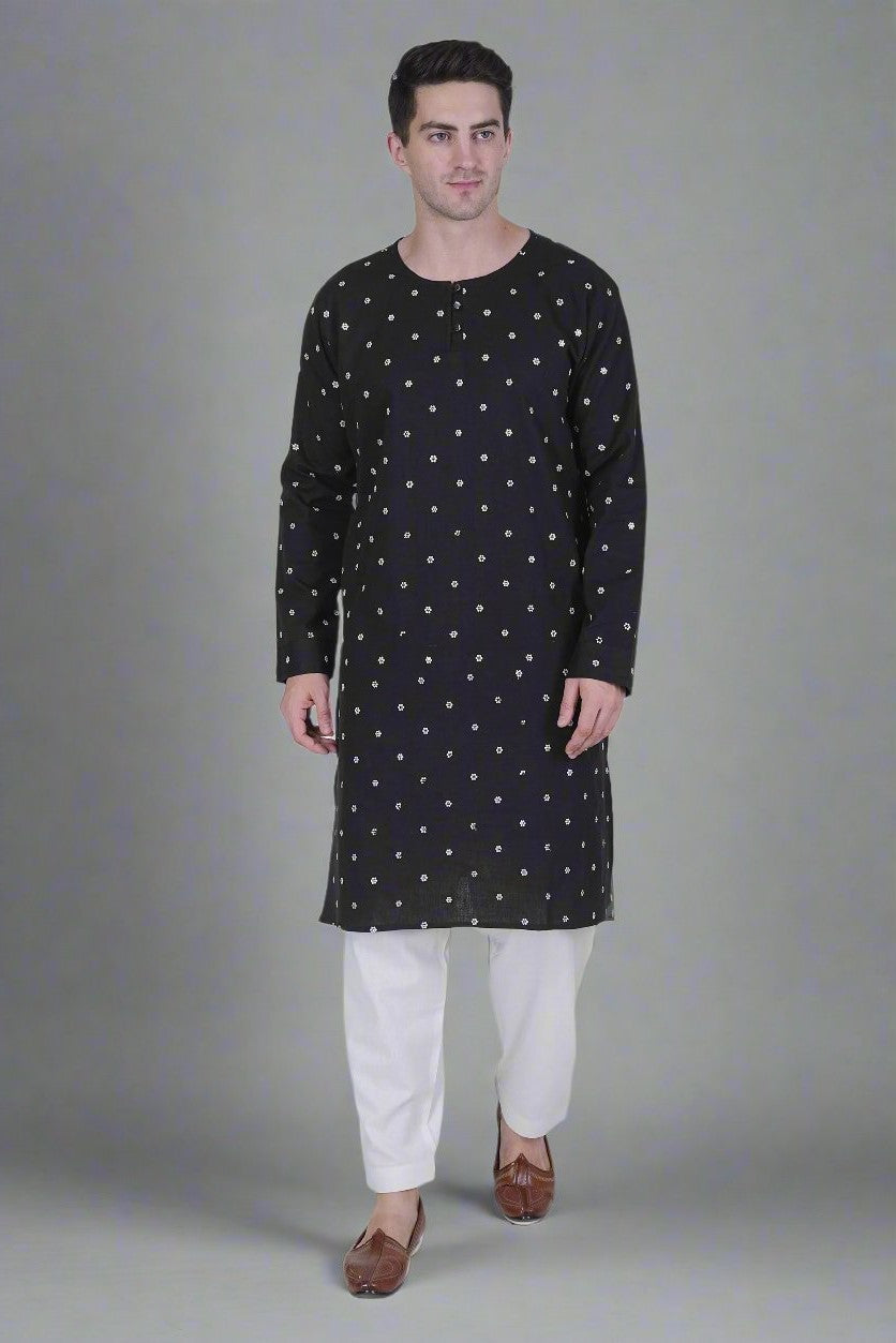 Men’s Cotton Linen Blend Kurta with White Floral Embroidery and Sequins & White Cotton Linen blend Men's salwar Pajama