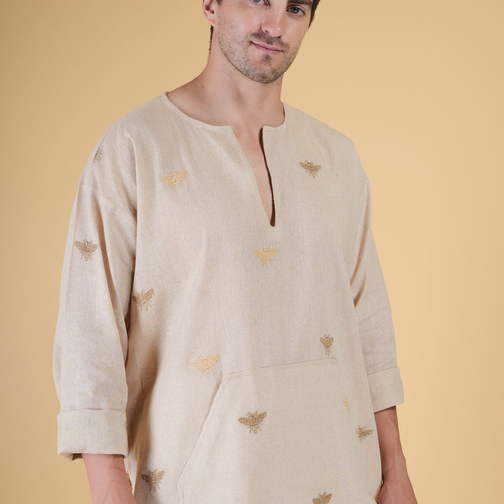 
                      
                        Load and play video in Gallery viewer, Honey bee embroidered Cotton Kurta &amp;amp; White Pajama Set
                      
                    