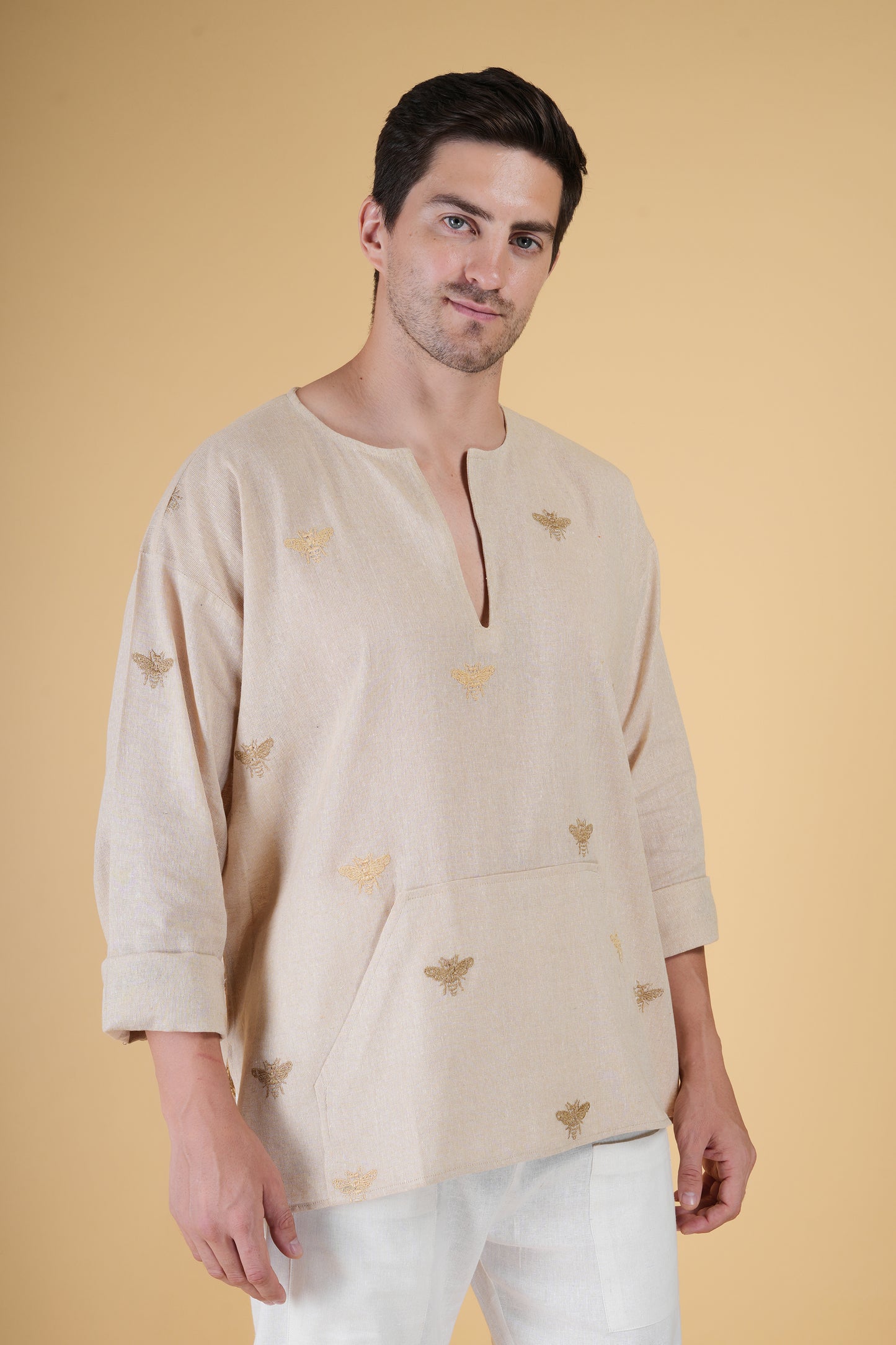 Honey bee embroidered Cotton Kurta & White Pajama Set