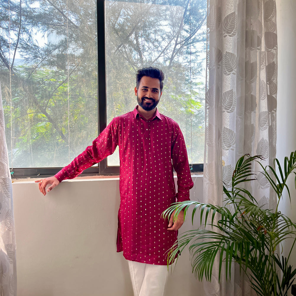 
                      
                        Load and play video in Gallery viewer, Men’s Viscose Blend Kurta with Line Embroidery and Sequins &amp;amp; White Viscose Blend Pajama Pant
                      
                    