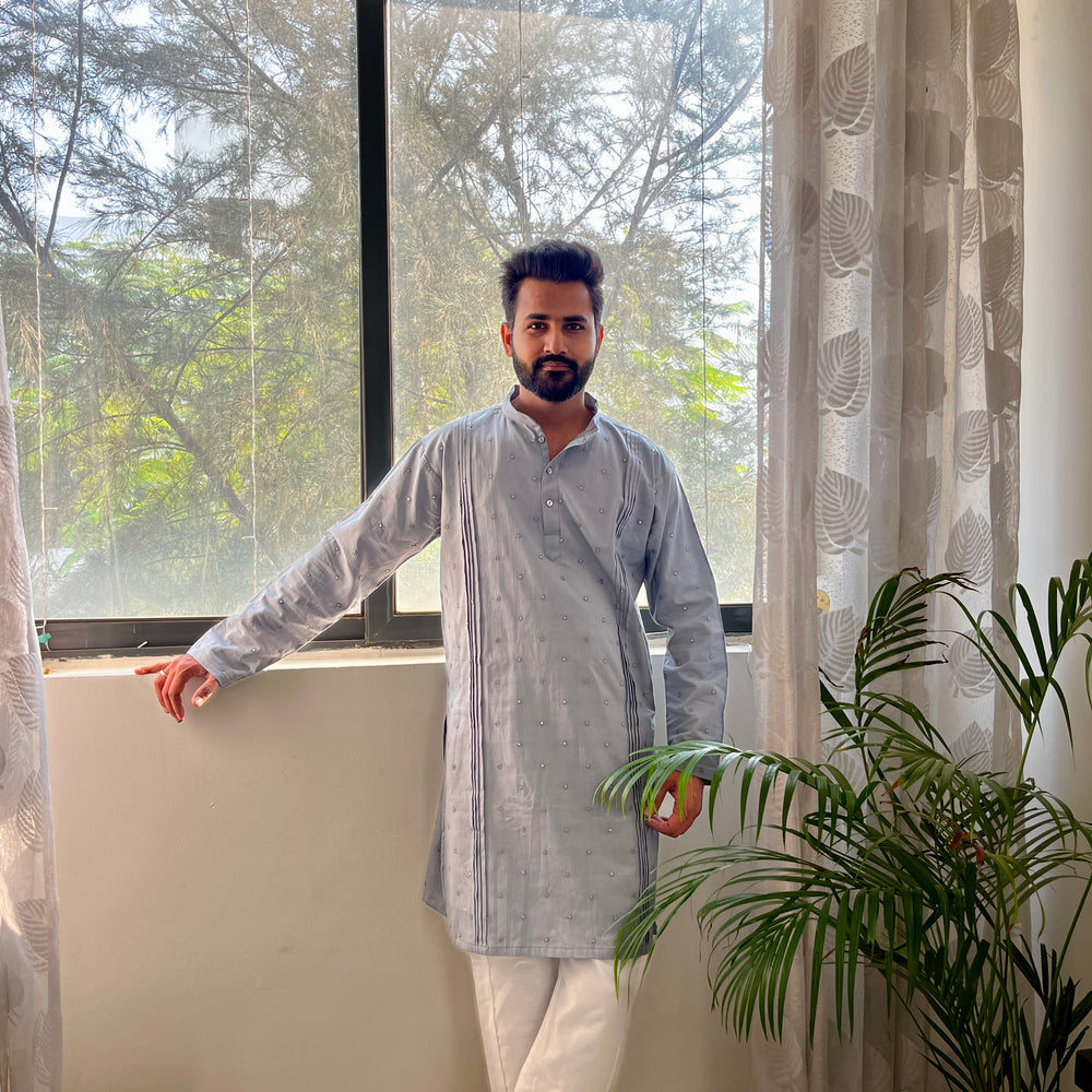 
                      
                        Load and play video in Gallery viewer, Men’s Cotton Linen Blend Kurta with Floral Embroidery and Sequins &amp;amp;  White Cotton Linen blend Men&amp;#39;s salwar Pajama.
                      
                    