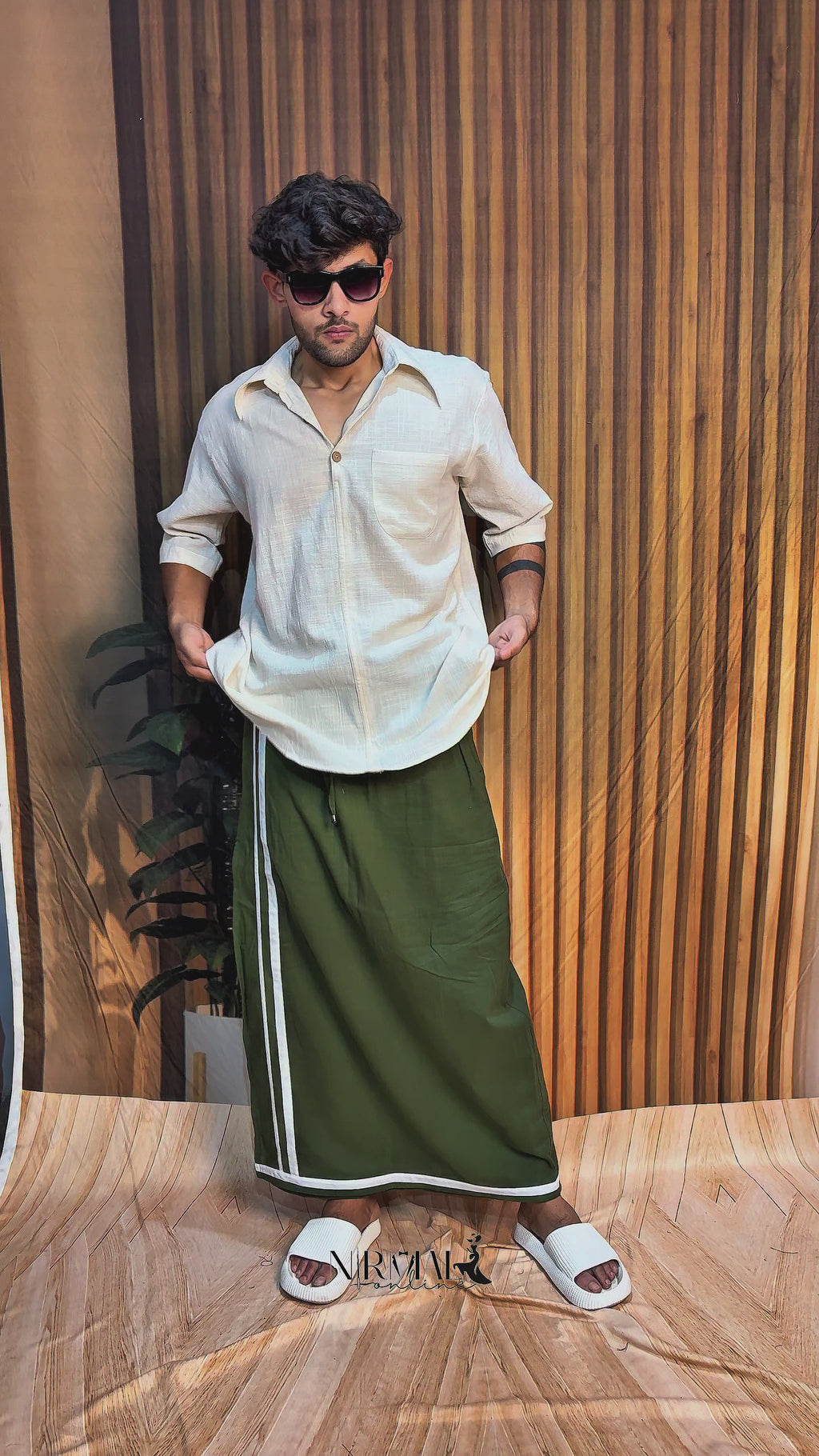 Men Traditional White stipes Green Pajamalungi - Limited Edition