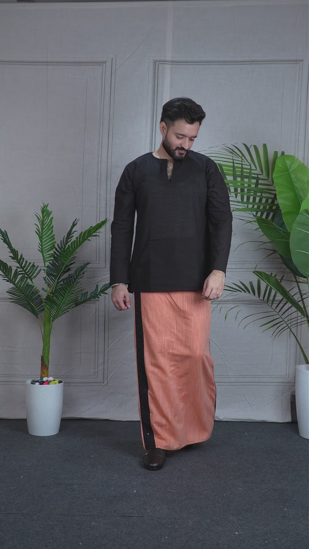 Men's Kesar PajamaLungi with Black sequence emb stripe