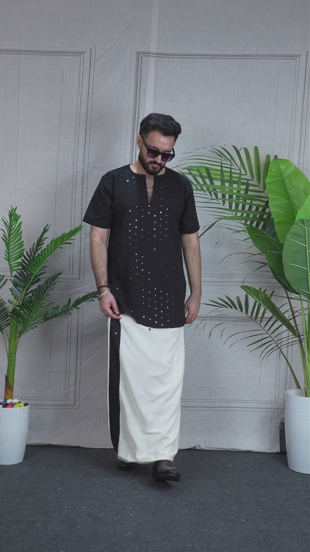 Men Ivory colour PajamaLungi with Black sequence emb stripe