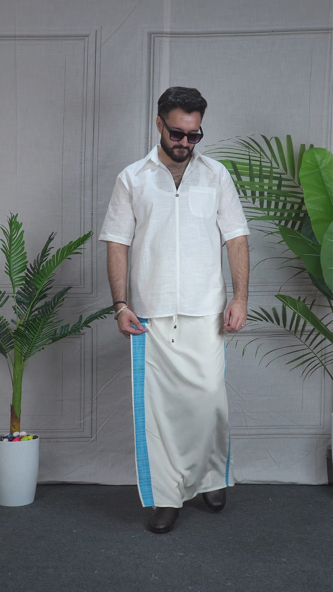Men Ivory Colour Turquoise Stripe PajamaLungi