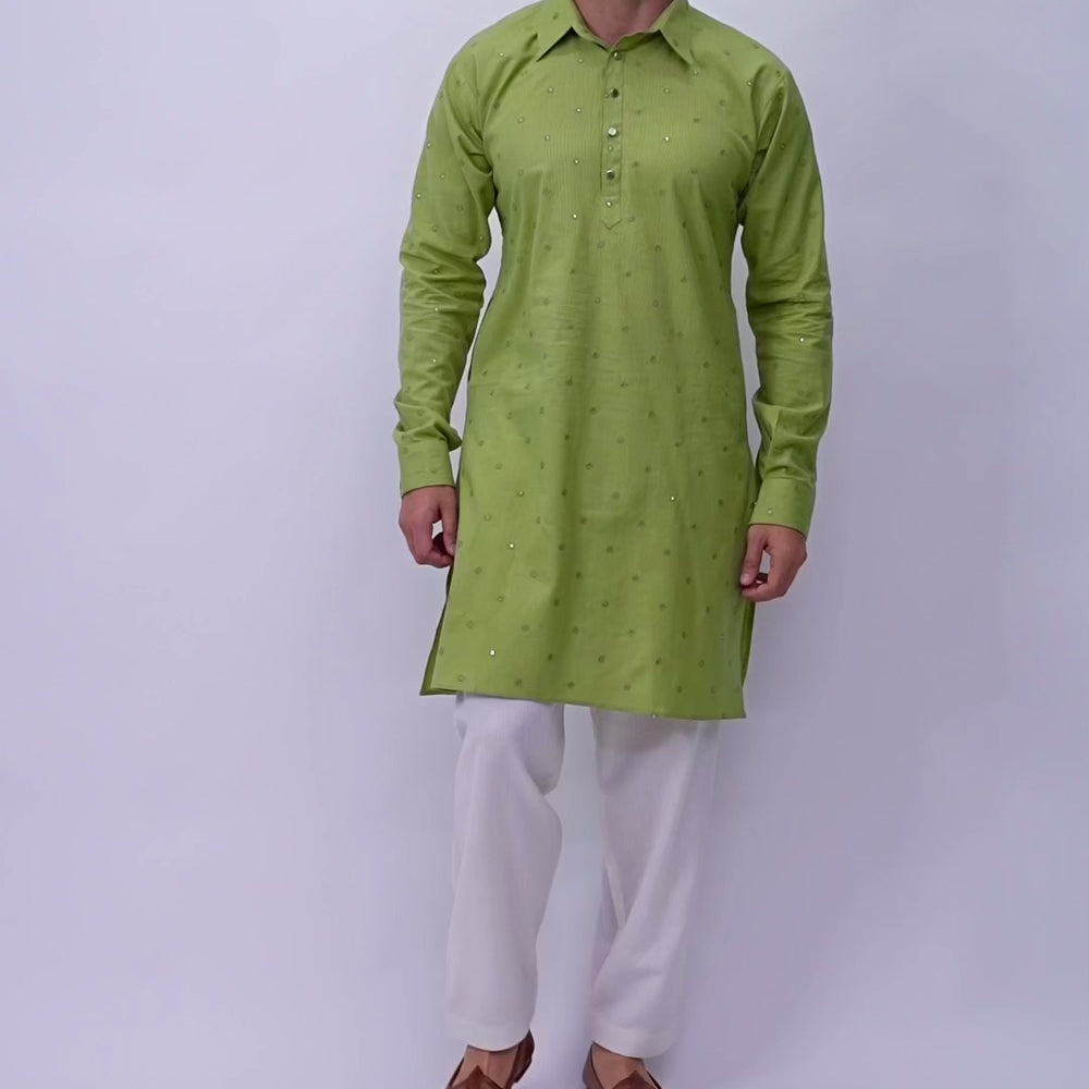 
                      
                        Load and play video in Gallery viewer, Men’s Cotton Linen Blend Kurta with Floral Embroidery and Sequins
                      
                    