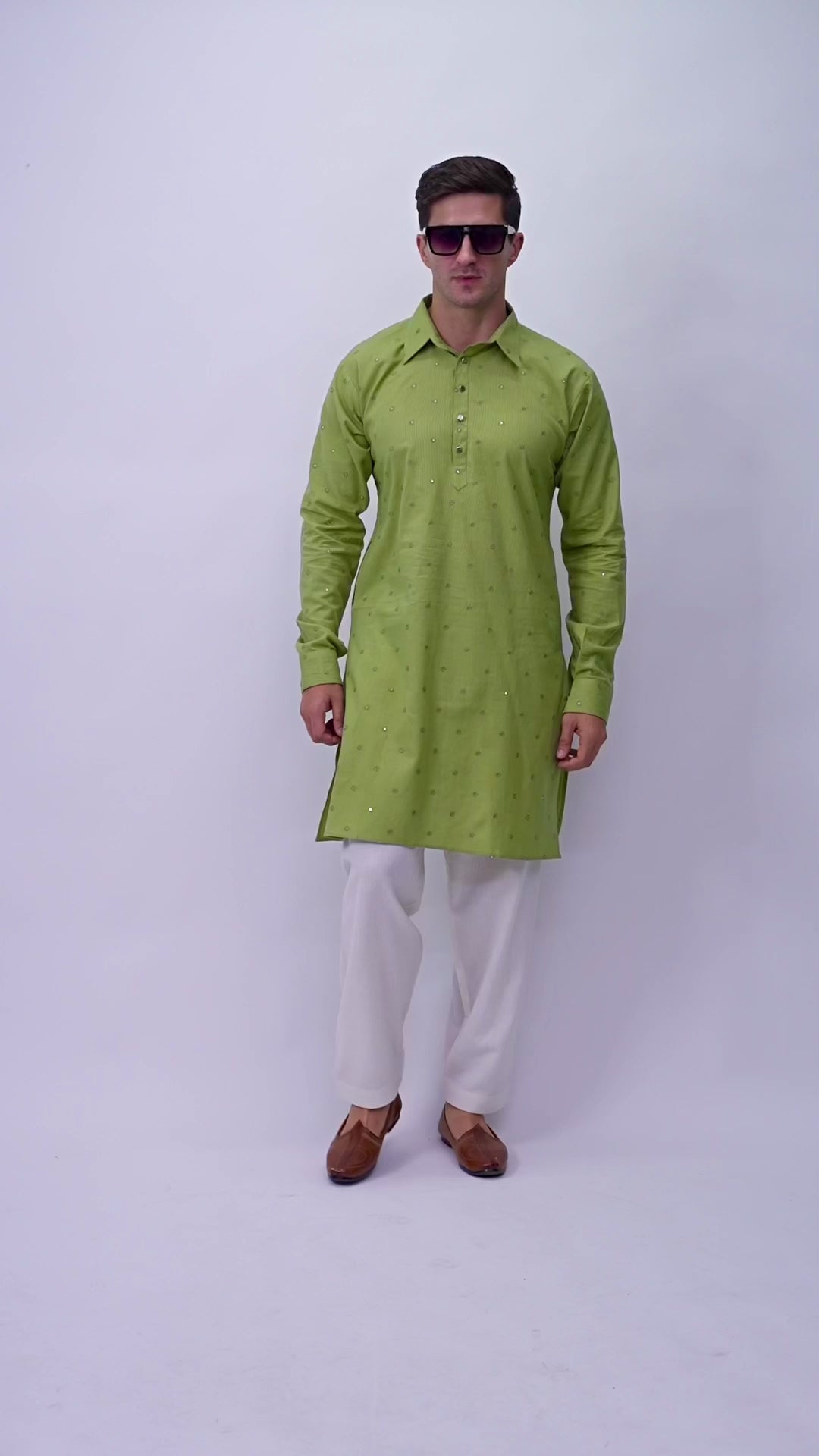 Men’s Cotton Linen Blend Kurta with Floral Embroidery and Sequins & White Cotton Linen blend Pajama