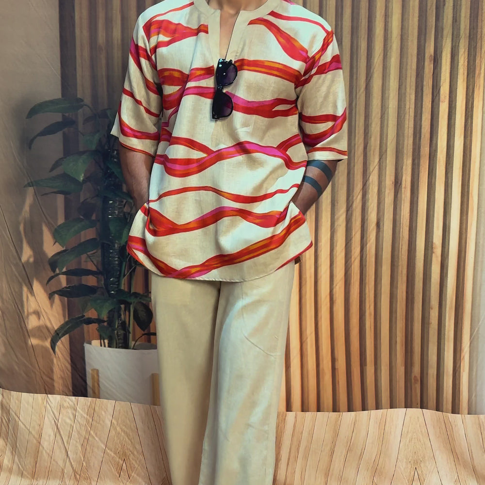 
                      
                        Charger et lire la vidéo dans la visionneuse de la galerie, Beige Cream red wave kurta for men&amp;#39;s
                      
                    