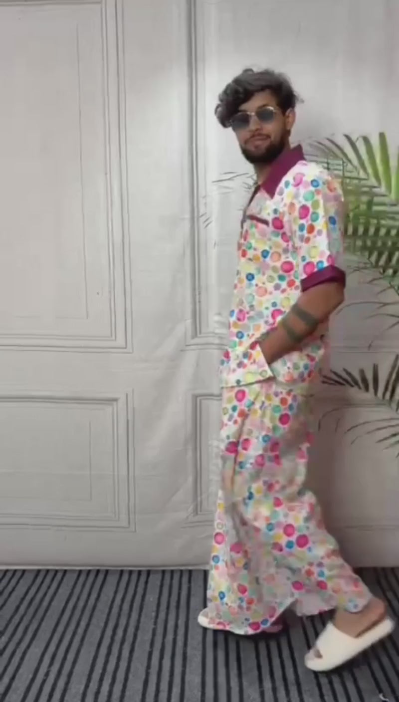 Men Contrast Collar Polka Dot Print Kurta