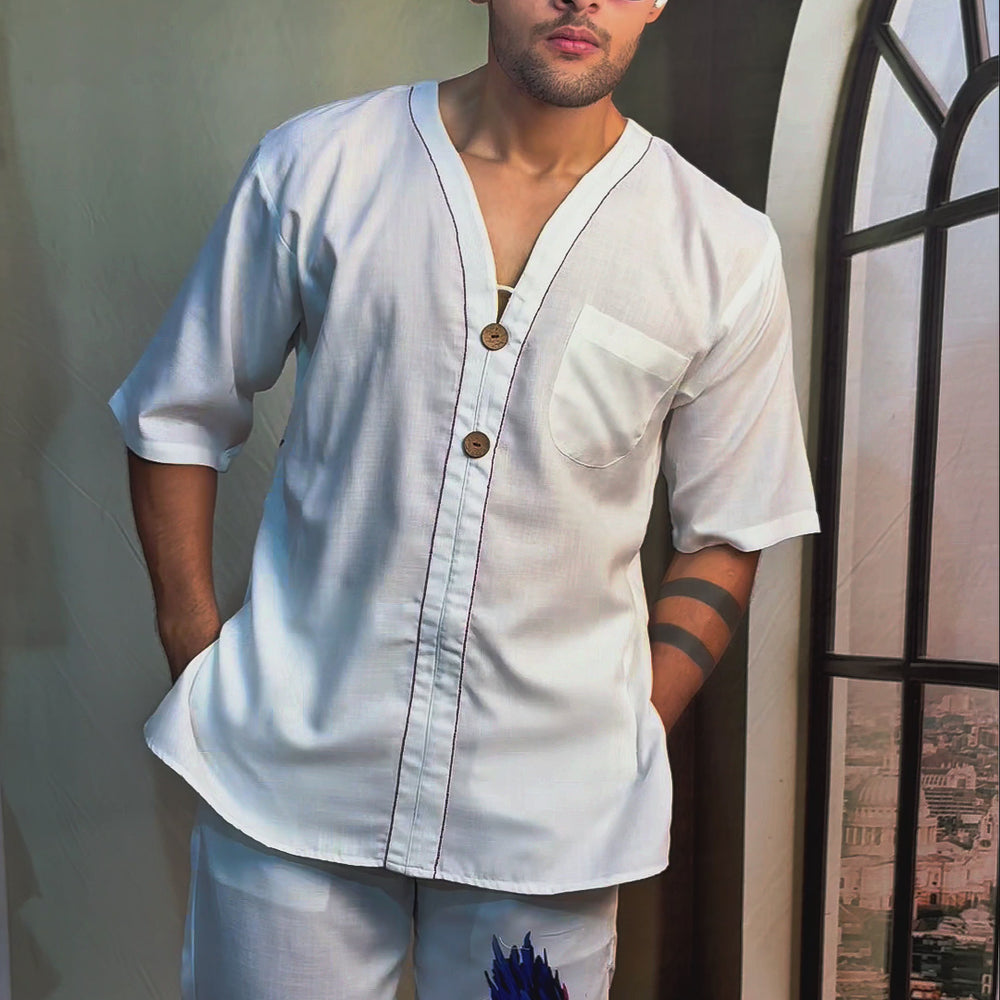 
                      
                        Load and play video in Gallery viewer, White Wing Pattern Beach Shirt &amp;amp; Pajama pants Set for Men
                      
                    