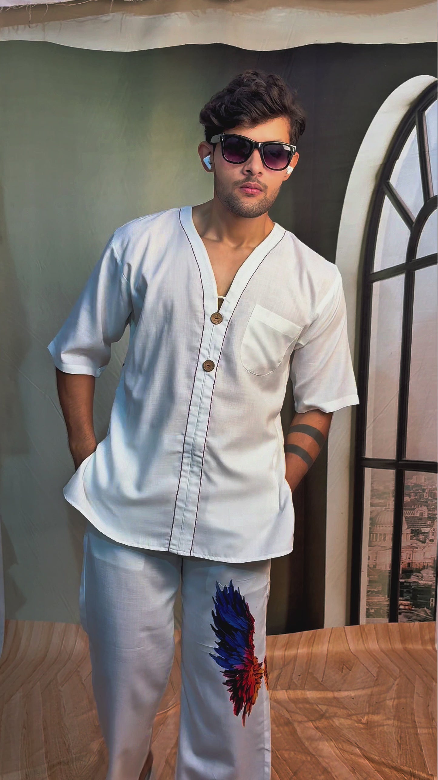 White Wing Pattern Beach Shirt & Pajama pants Set for Men