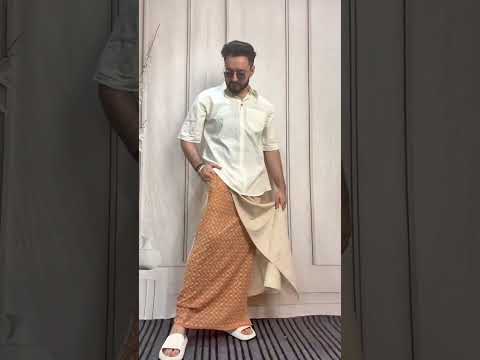 Men Beige Color  Pajamalungi With Brown Embroidery Panel