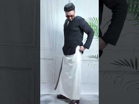 Men White  Colour Pajamalungi With Black Mirror embroidery Stripe