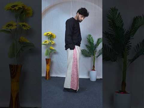 Men Beige Color  Pajamalungi With Dusty Rose Pink Sequence Embroidery Panel