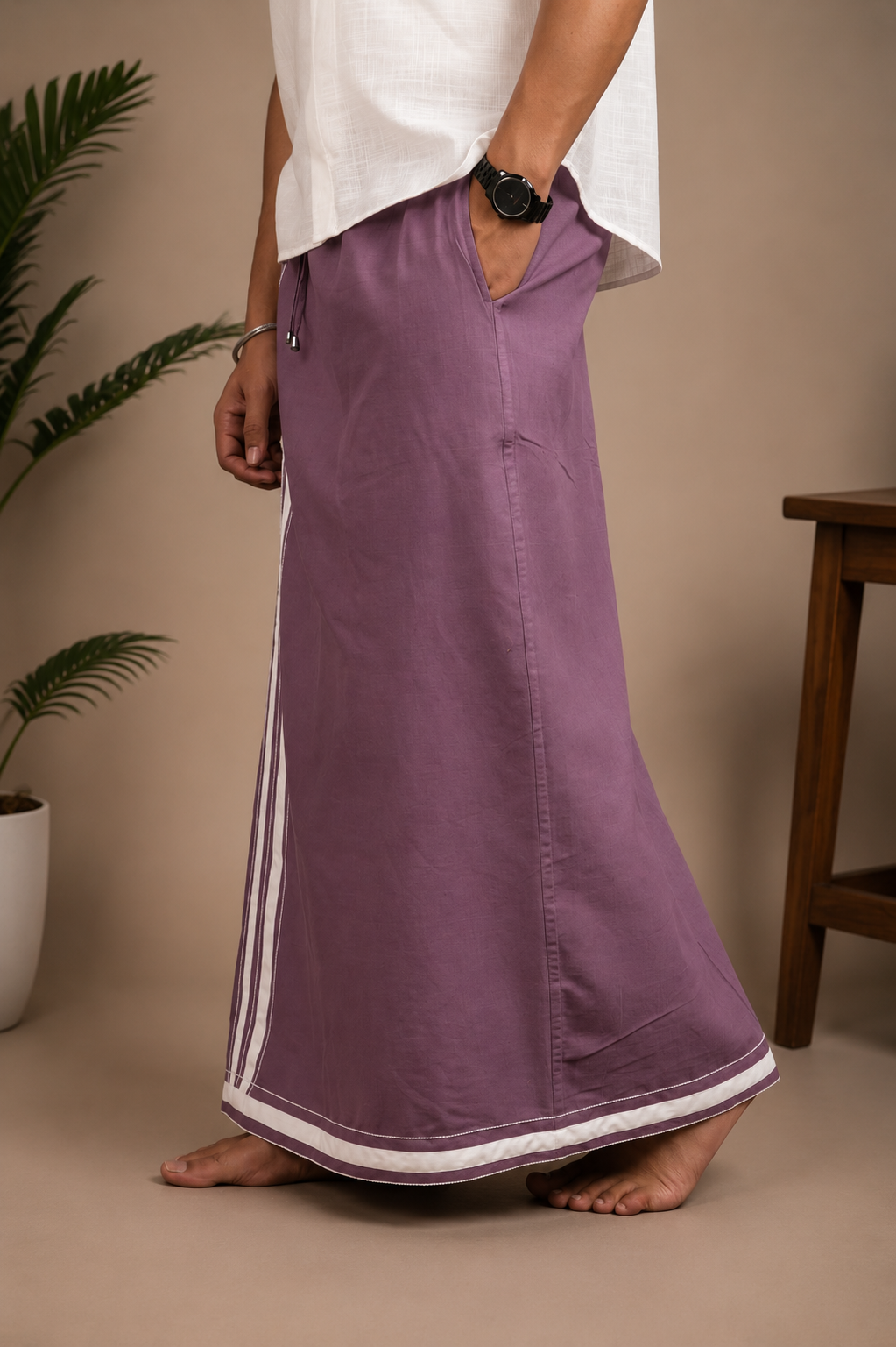 Angled view of plum men's lungi