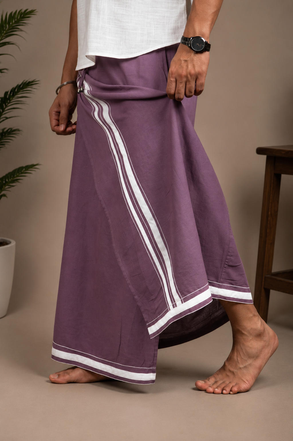 Plum heritage lungi styled in motion