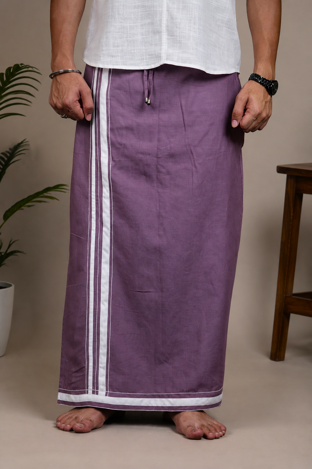 Front view of plum men's lungi with classic white border stripes