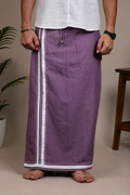 Front view of plum men's lungi with classic white border stripes