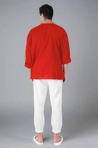 Red Off Shoulder Loose Cotton Kurta