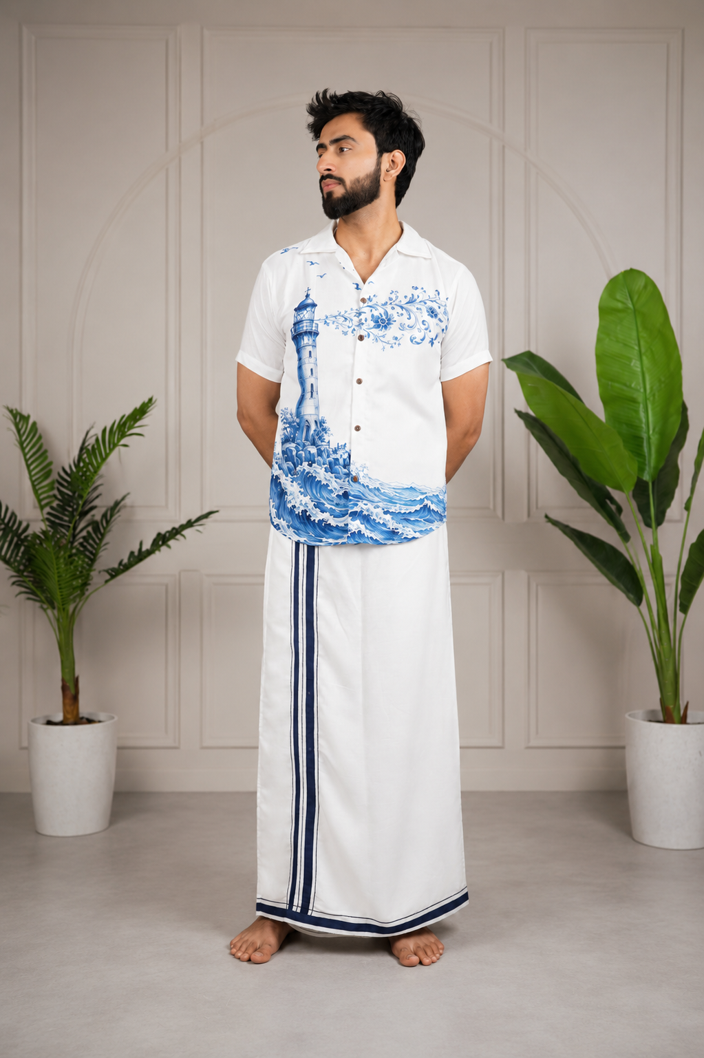 Full front styling of ivory navy heritage lungi