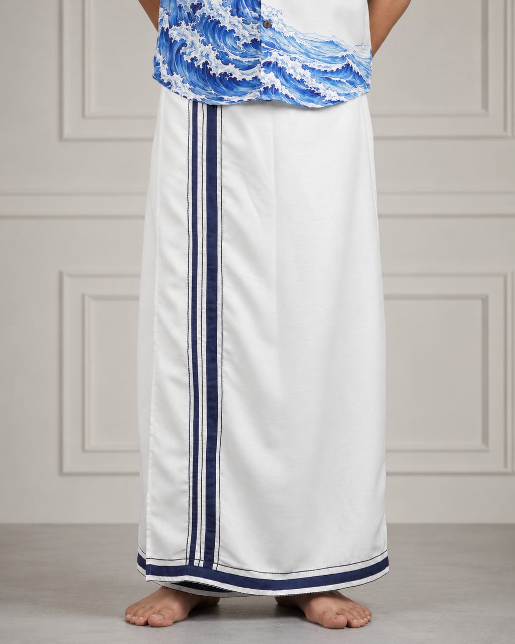 Front view of ivory men's lungi with navy classic border