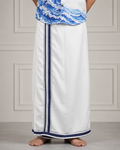 Front view of ivory men's lungi with navy classic border