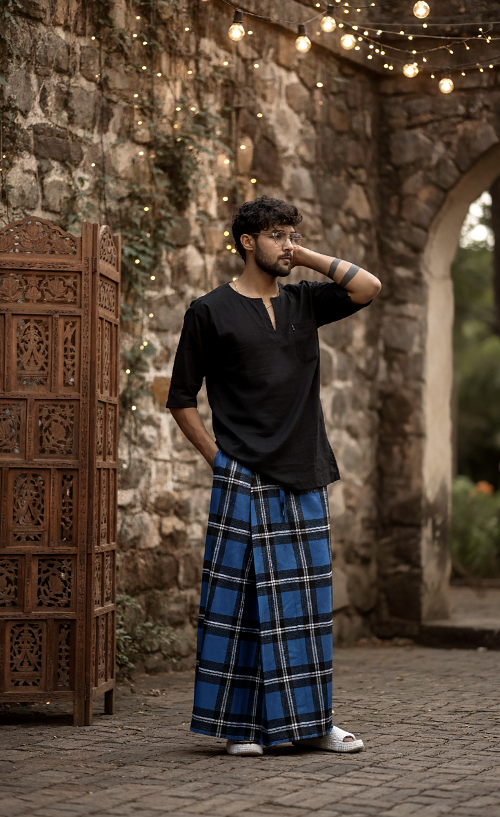 Dark blue check pajamalungi for men