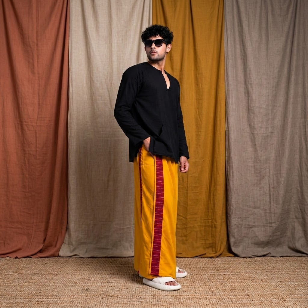 Men Musturd Yellow Colour Pajamalungi With Red  Textured Stripe Panel