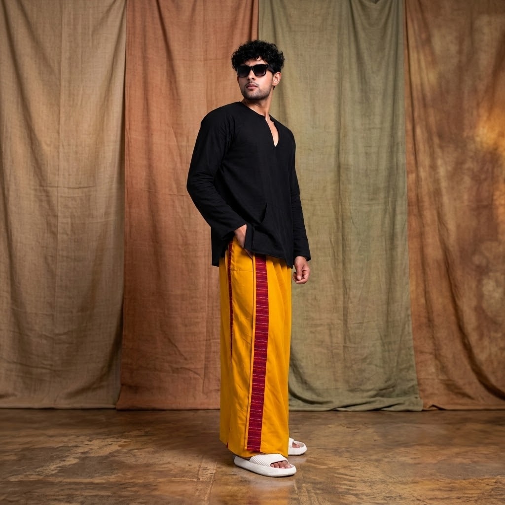 Men Musturd Yellow Colour Pajamalungi With Red  Textured Stripe Panel