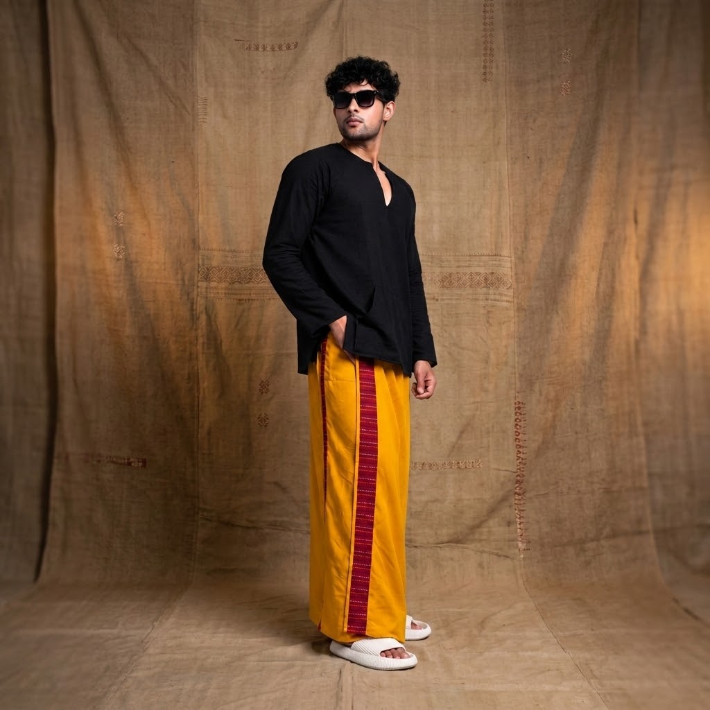 Men Musturd Yellow Colour Pajamalungi With Red  Textured Stripe Panel