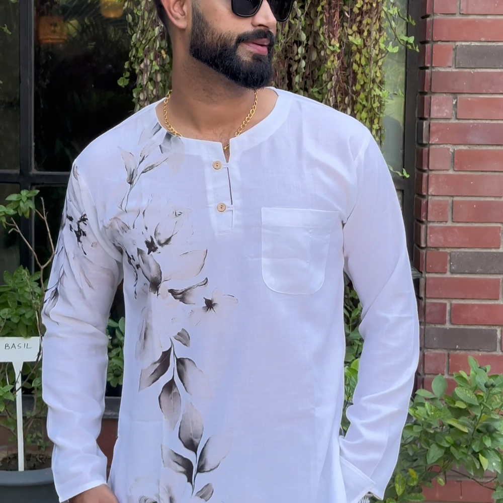 
                      
                        Flower Printed White Kurta & Gray Line  Straight Pajama Set
                      
                    