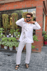 Flower Printed Kurta & Gray Line Pajama Set