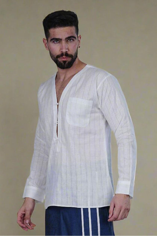 White Self Check Kurta