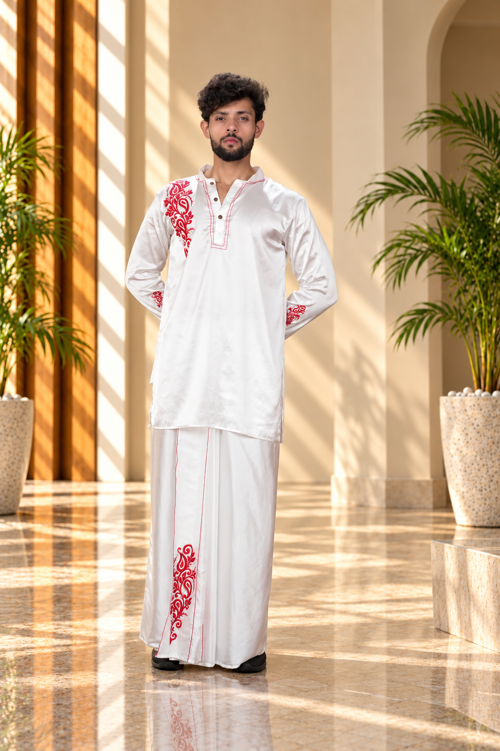 Men White Colour  Silk Pajamalungi with Emb look DTF Sticker
