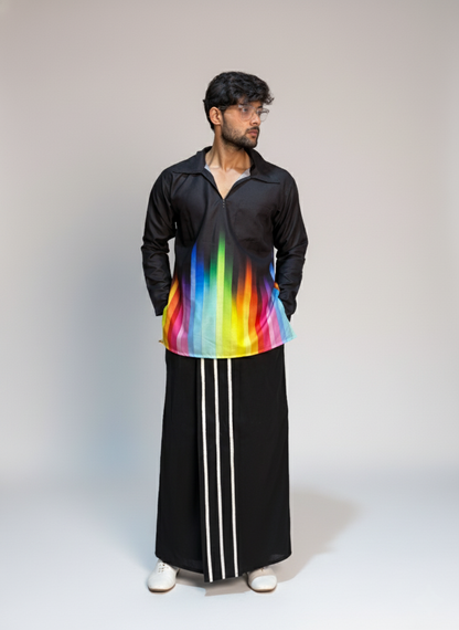 Colorful multicolor rainbow stripes black kurta for men's