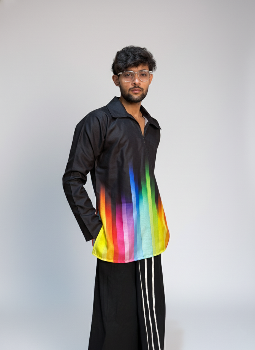 Colorful multicolor rainbow stripes black kurta for men