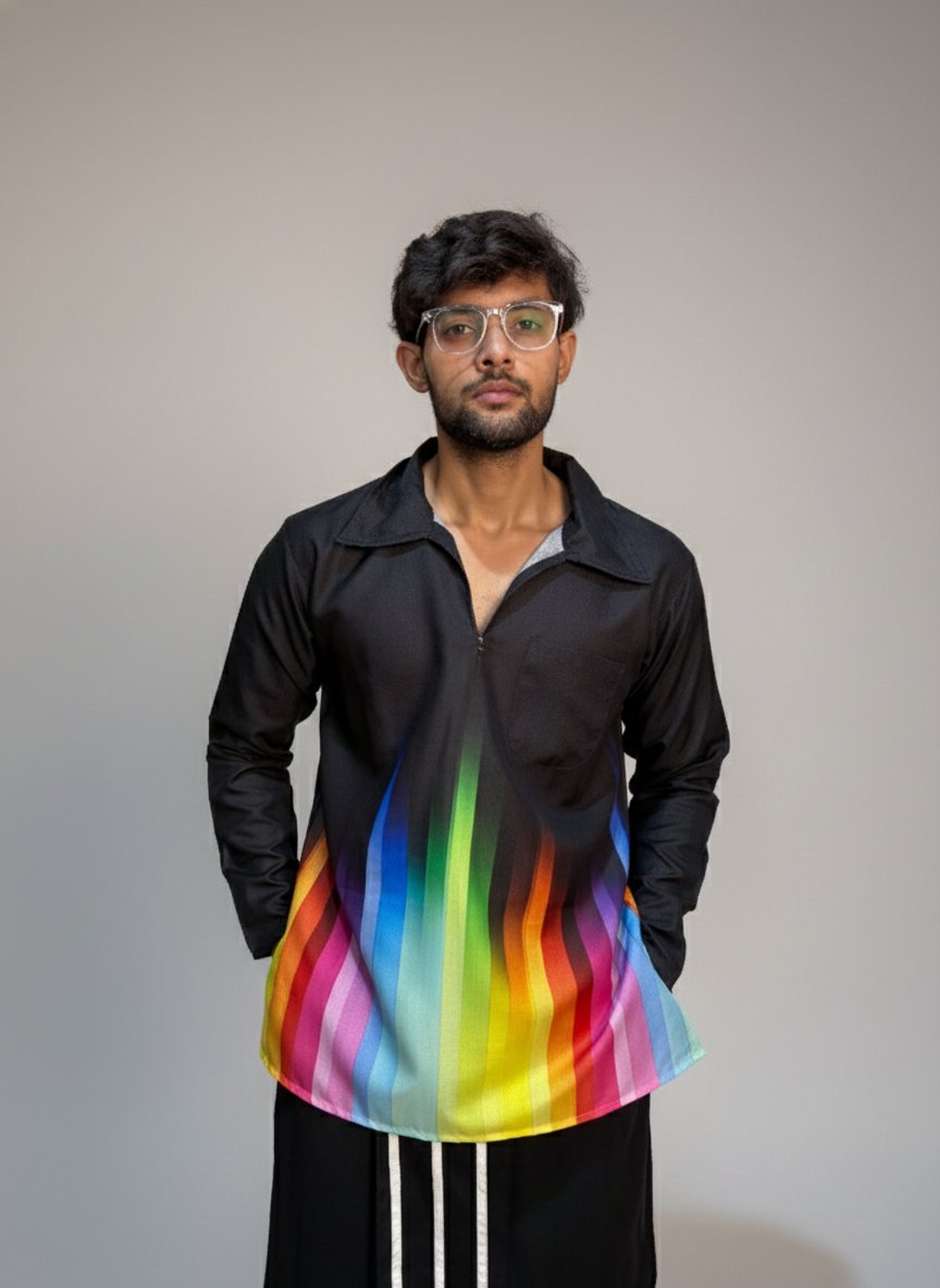 Colorful multicolor rainbow stripes black kurta for men