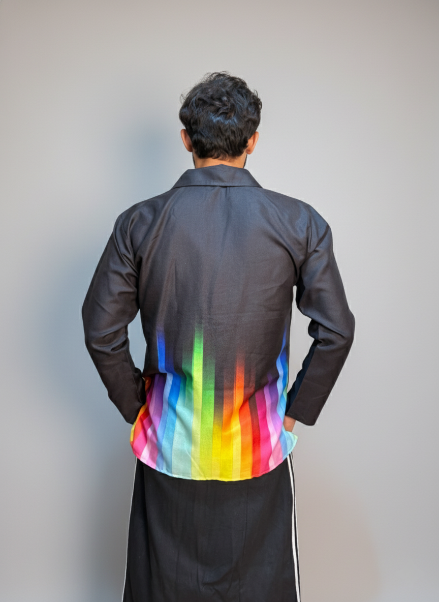 Colorful multicolor rainbow stripes black kurta for men